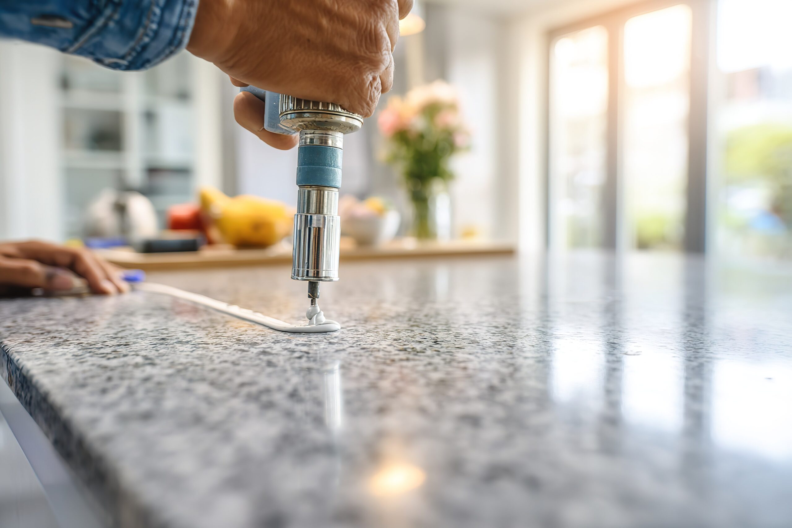 A person uses a caulking gun to apply sealant on a granite countertop in a bright kitchen. Fresh flowers and kitchen items are visible in the background.
