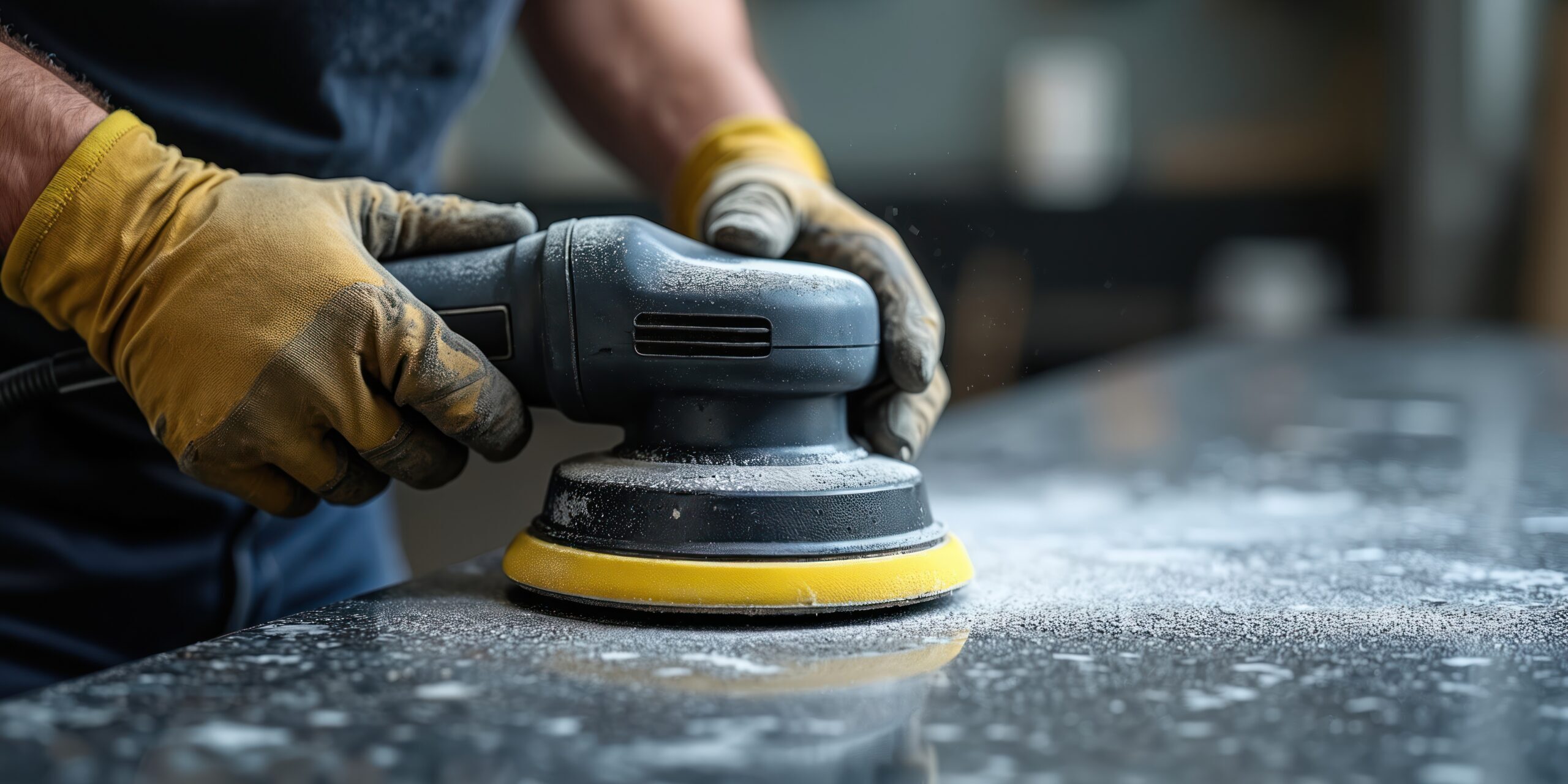 Stonemason polishes granite countertop with machine. Skilled worker grinds stone surface in workshop. Home improvement, construction, renovation stone fabrication concept.